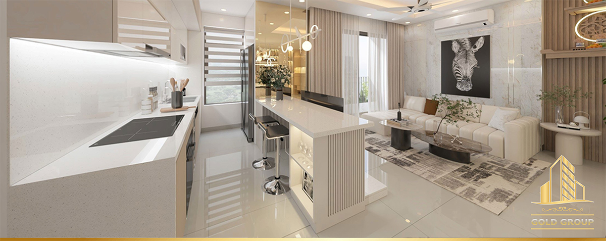 Không gian phòng khách và bếp được bố trí liền mạch tại căn hộ Vinhomes Grand Park